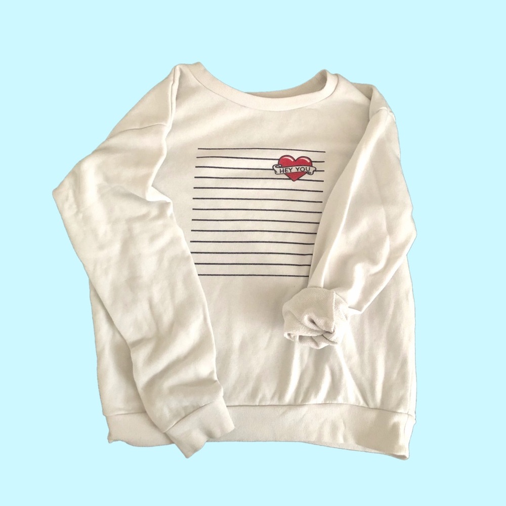 white sweater “hey you” with a heart <3